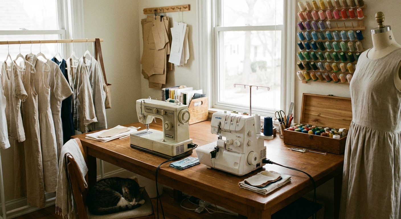 Petit atelier de couture bien rangé avec machine à coudre et surjeteuse côte à côte sur une table
