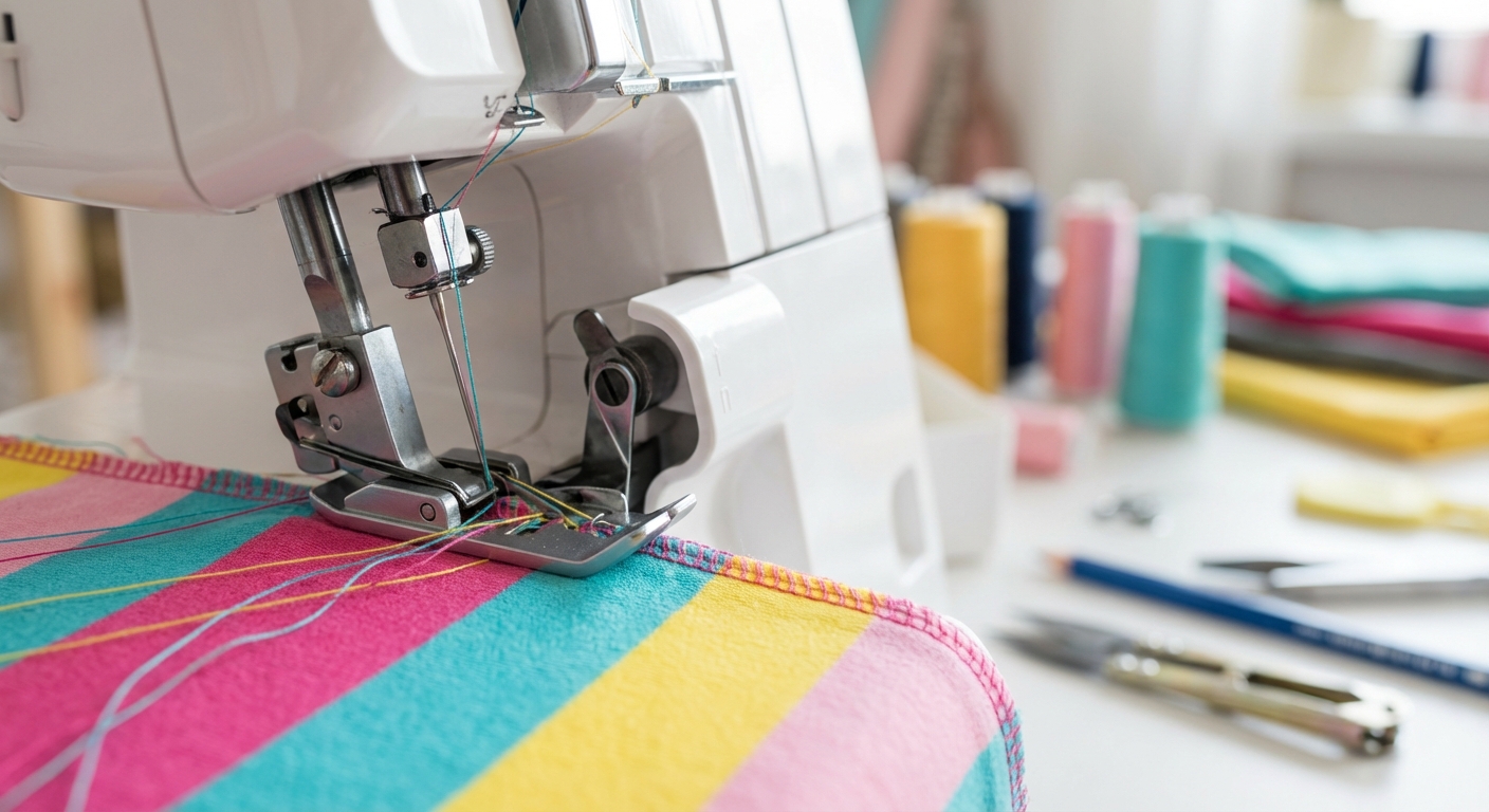 Surjeteuse moderne en gros plan en train de surfiler le bord d’un tissu extensible, montrant la qualité des finitions